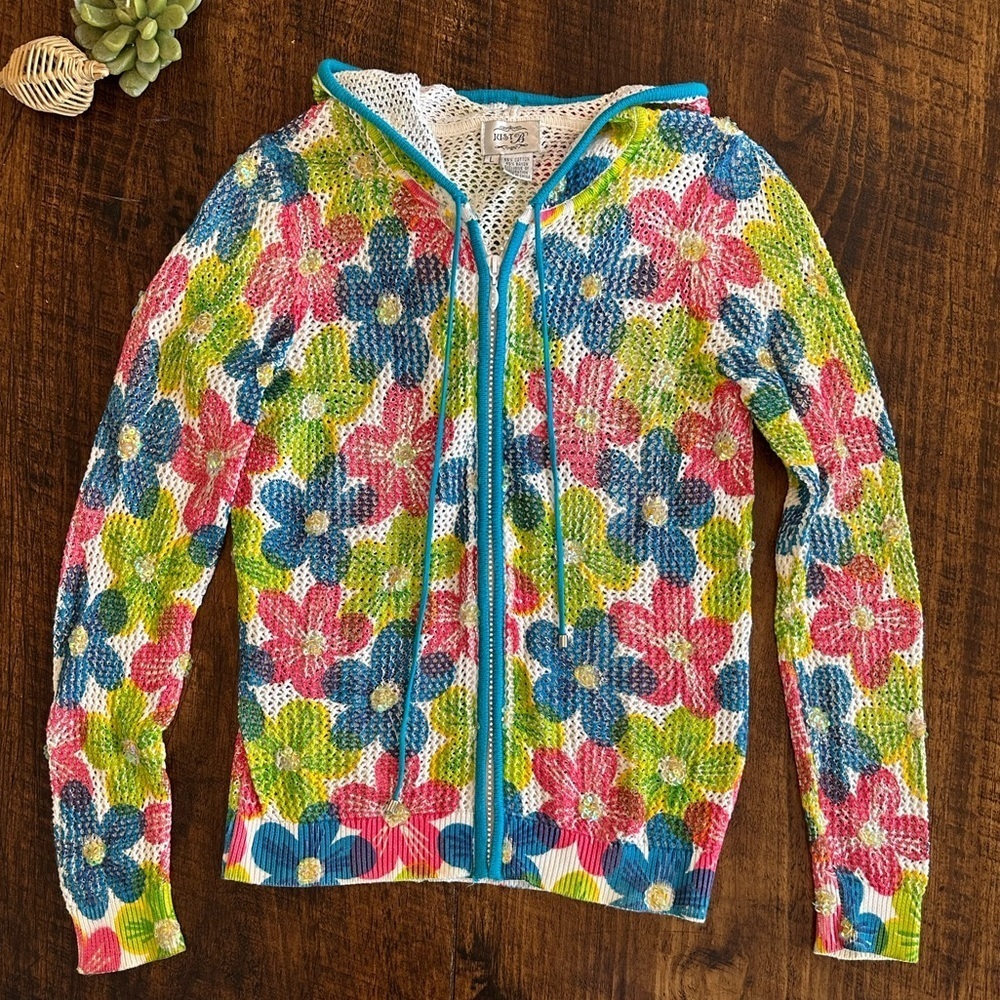 Just B | Floral Mesh Zip-Up Hoodie Sweater Sequin Embellished Cotton Blend, L